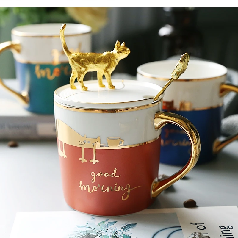 الراقية السيراميك القدح غطاء ملعقة لطيف مكتب المياه المنزلية أكواب الشاي بعد الظهر