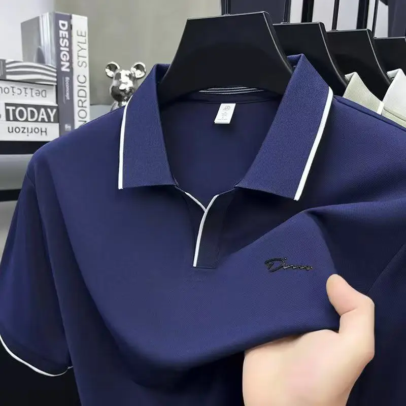 High-End Quality Man Short-Sleeved Polo Shirt V-Notch Collar Letter Print Summer British Style T-Shirt Trend Casual MensClothing