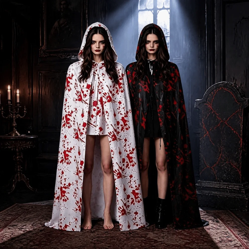 Hooded Design Blood Splatter Hooded Cloak Breathable Lightweight Blood Stained Cape Stretchy Fit Polyester Full Length Cape
