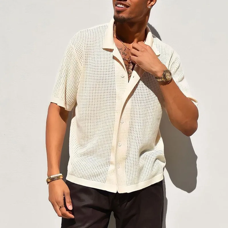 

Summer New Fashion Men's Beige Solid Color Single-breasted Button Short Sleeve Knitted Shirts Male Clothes Tops Coat for Beach