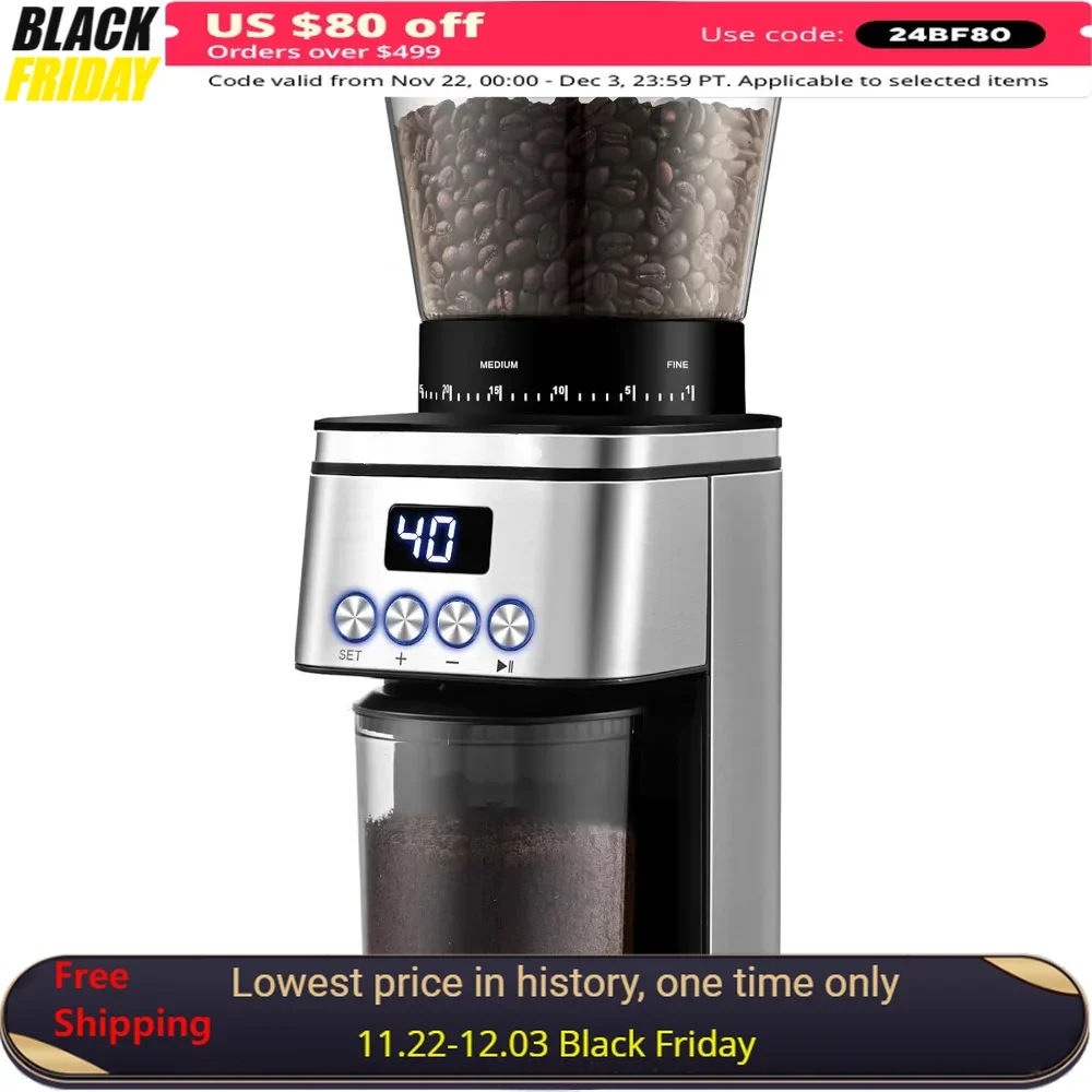 Coffee Grinder with Digital Display, 30 Precise Settings, Espresso Coffee Grinder 1-14 Cups or 1-56 Seconds, Coffee Bean Grinder