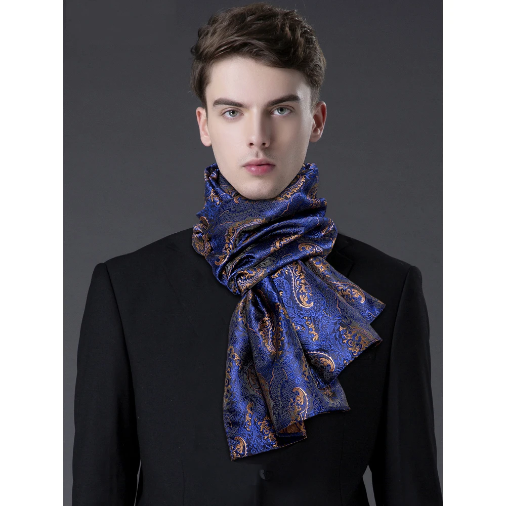 New Fashion Men Scarf Blue Gold Jacquard Paisley 100% Silk Scarf Autumn Winter Casual Business Suit Shirt Shawl Scarf Barry.Wang