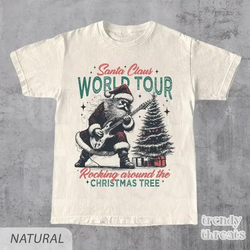 Santa Claus World Tour Christmas T Shirt Funny Retro Rocking Around The Tree