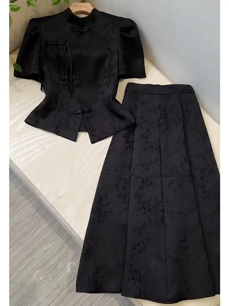 

2025 new chinese style shirt half skirt two-piece set for women's summer lady improved cheongsam set women daily cheongsam set