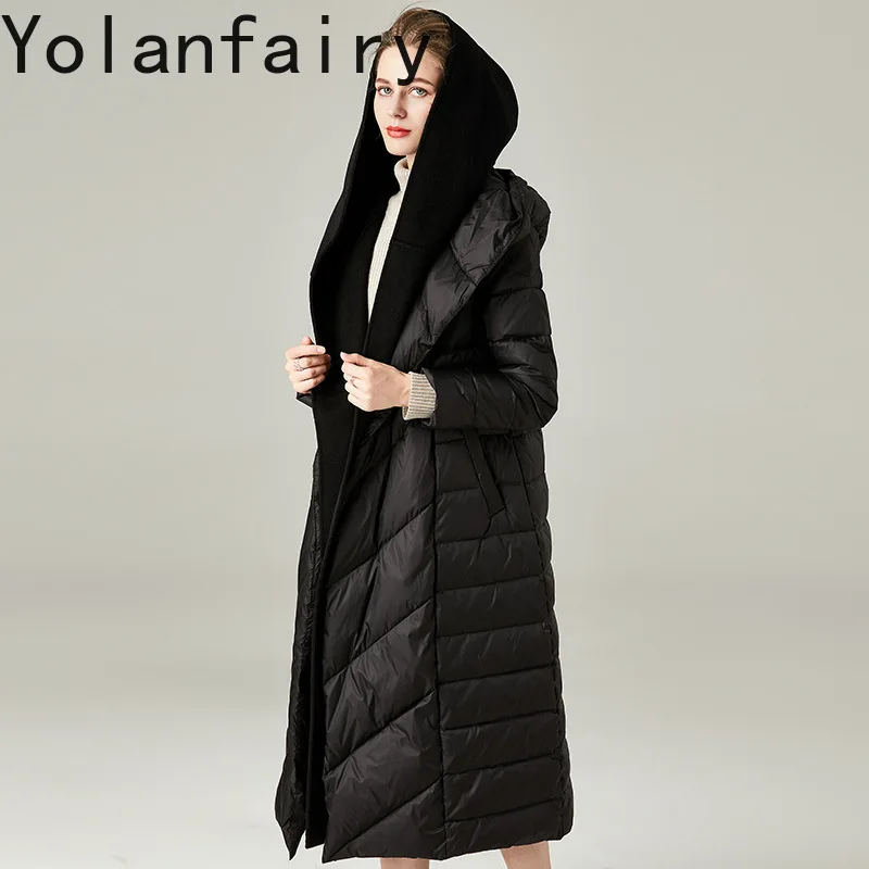 YOLANFAIRY Warm 90% Witte Eend Donsjack Vrouw Herfst Winter 2025 Grote Maat Dames Lange Puffer Jas Capuchon Warme Zwarte Parka's