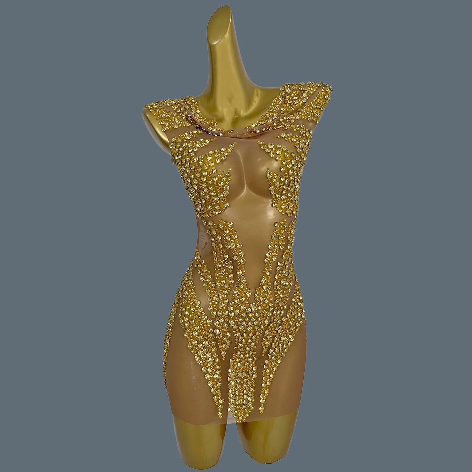 

Sparkly Gold Diamonds Short Dress Night Sexy Off Shoulder Party Celebrate Birthday Dancer Photo Shoot Singer Stage Wear Xuelian