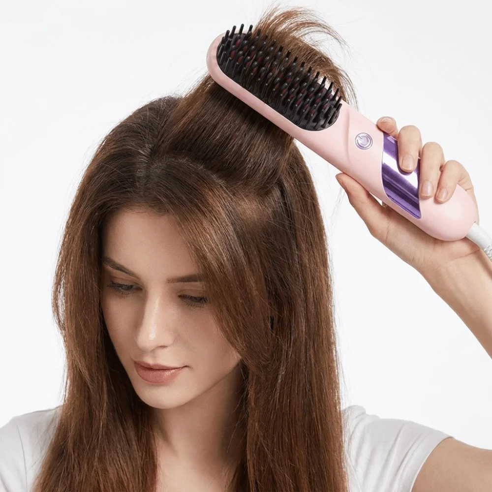 Wireless Hair Straightener Portable LCD Display 2 In 1 Styling Tool Safety Protection Even Heating USB Rechargeable Brush