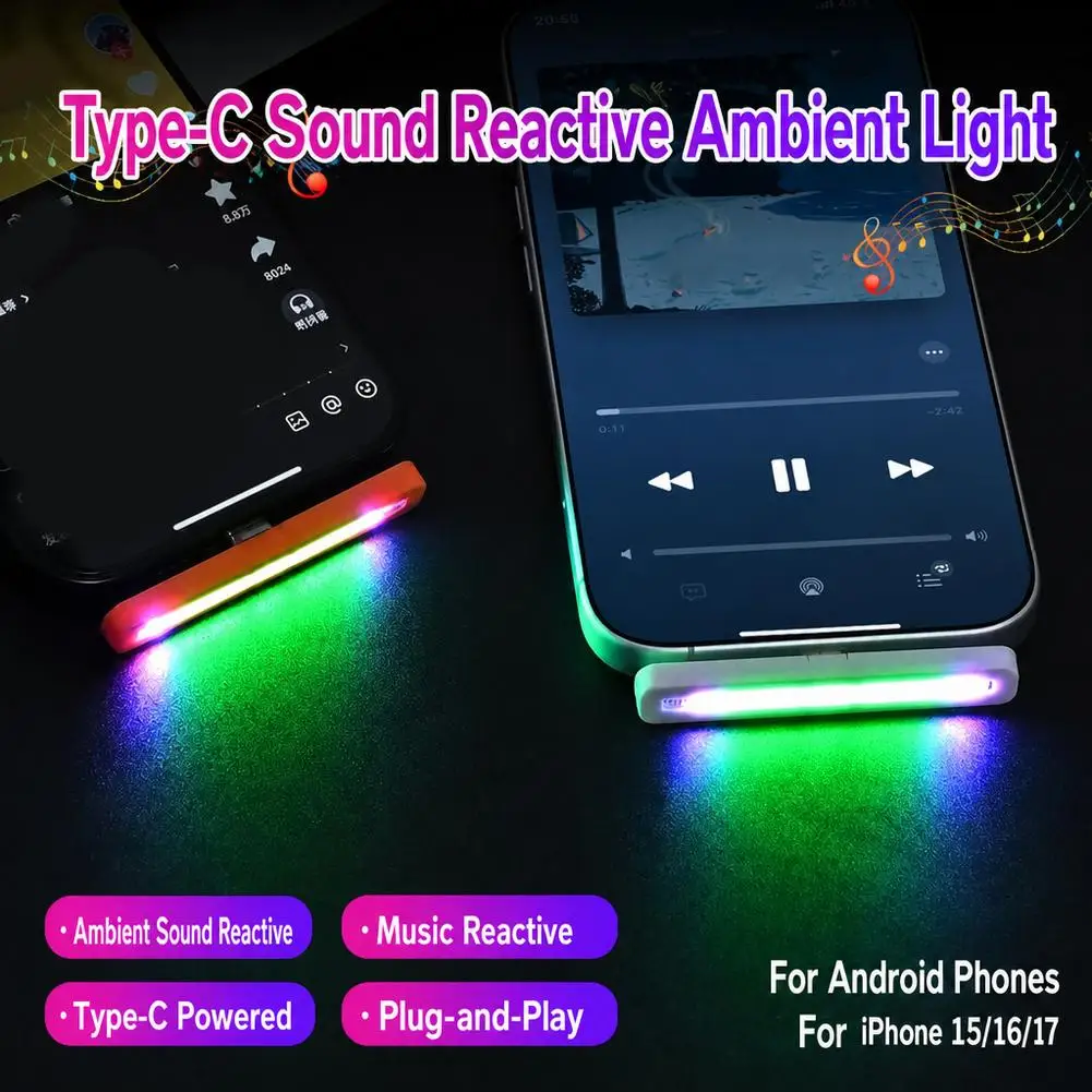 Mini USB‑C RGB Sound Activated Rhythm Light, Voice Pickup LED Ambient Lamp for Mobile Phone Car Interior Gaming Desk Decoration