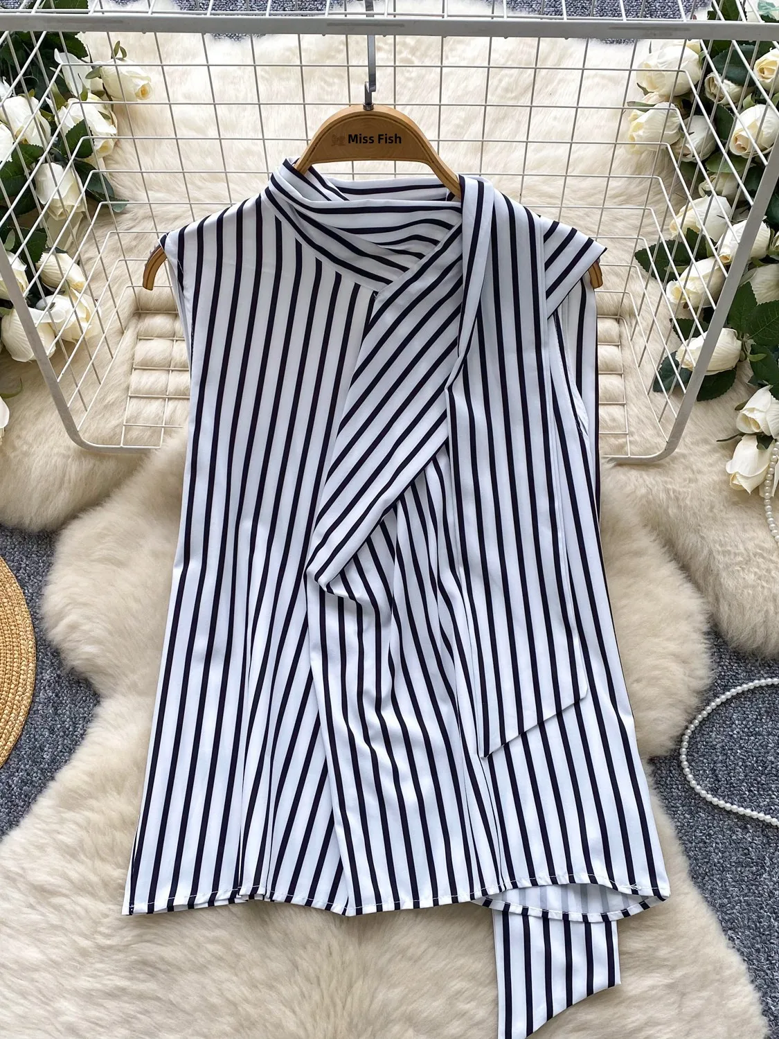 

Design Sensation Small ence Irregular Ne Hanging Svel Striped Women's irt Faionable Versatile Casual Top Summ...