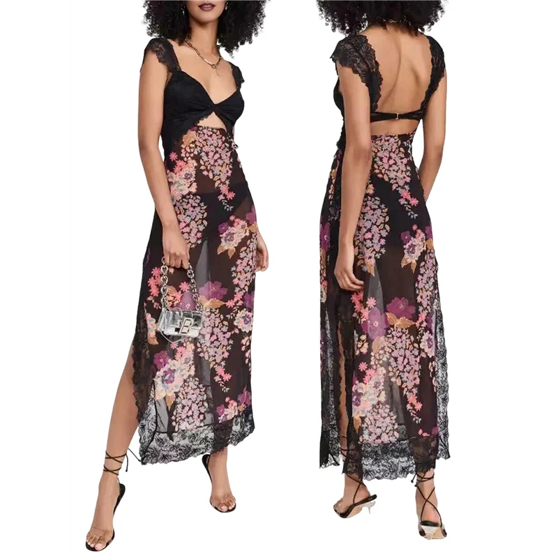 Asds-feminino renda retalhos malha maxi vestido floral impressão recorte querida pescoço sem costas fenda verão y2k vestidos longos