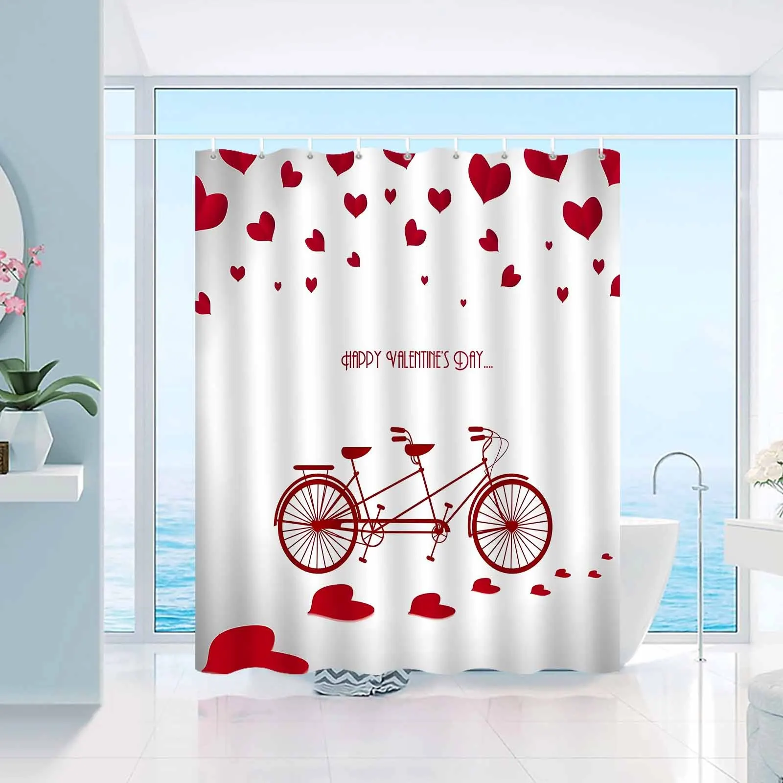 JIT1pcs Valentine's Day Love Bicycle Shower Curtain, High End Elegant and Fog Proof Bathroom Curtain, Multi Functional Curtain,