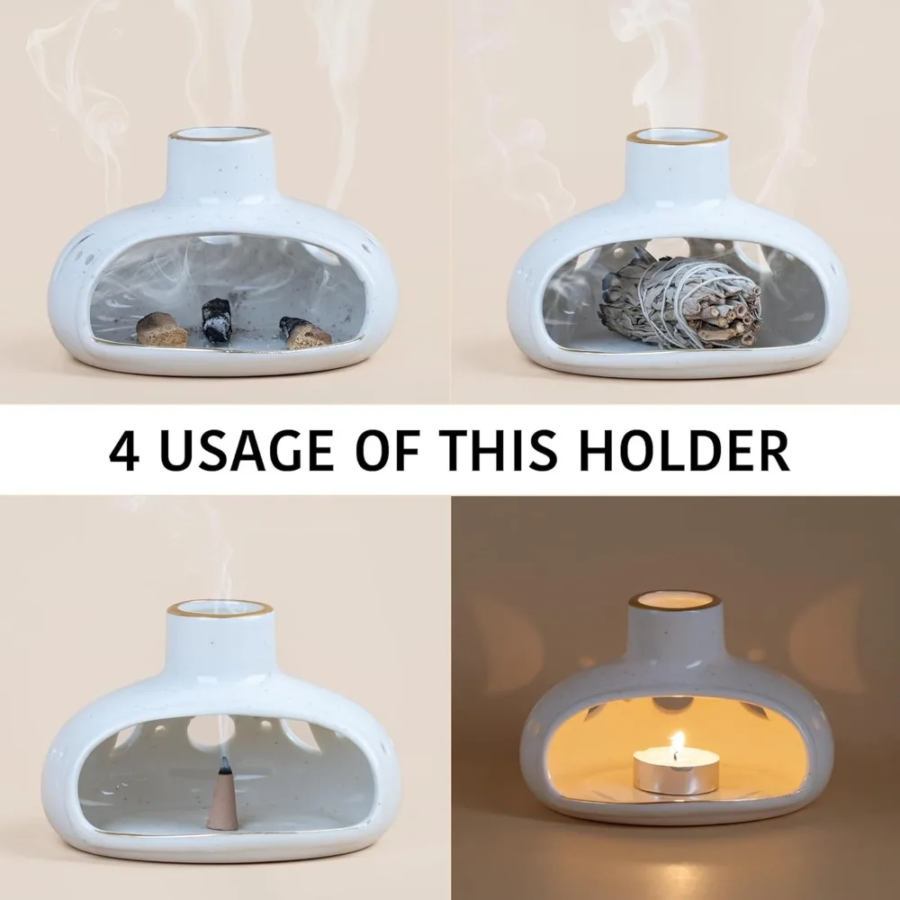 حامل بخور 3 في 1 لعصي بالو سانتو، بخور المريمية، حامل مبخرة من السيراميك مصنوع يدويًا، صائد الرماد مع مدخنة، s