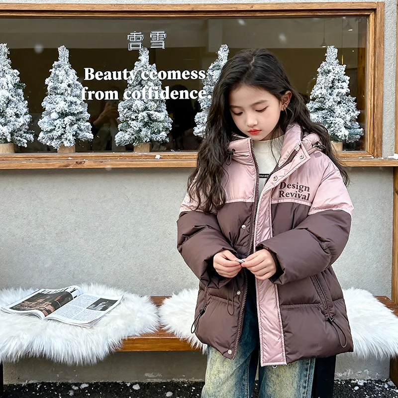 

4-14Y Girls 's Down Cotton Padded Jacket 2025 Splicing Loose Children Winter Parka Coat Korean Version Temperament Outerwearea