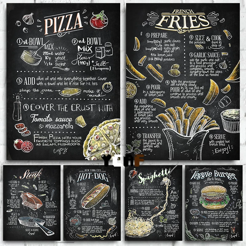 Classic Foodie Cuisine Blackboard Artwork Poster Canvas Printing Fast Food Hamburger Hotdog Wall Decor Kitchen Restaurant Decor