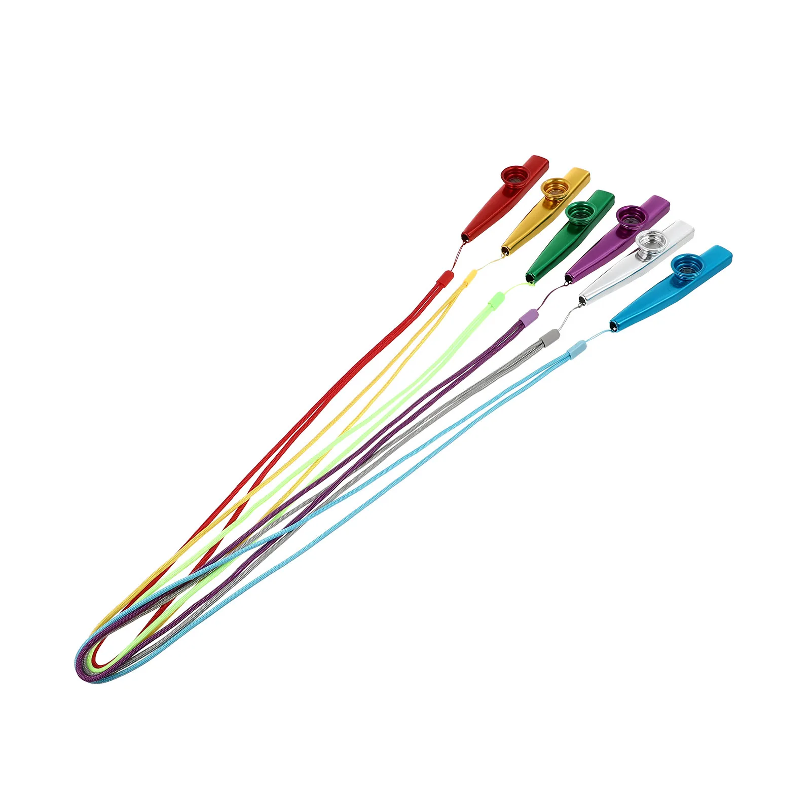 

Набор из 6 креативных металлических казу-флейт для детей: яркие цвета, прочная конструкция, музыкальный инструмент с ремешком, увлекательный обучающий аксессуар
