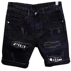 New Men's 2024 Hole Stickers Fashion Hole Denim Short Pants Black Hip Hop Jeans Shorts