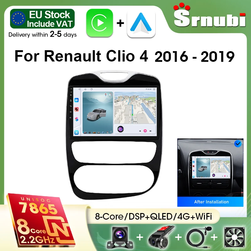 Srnubi pour Renault Clio 4 2016 2017 2018 2019 2Din Android 14 Autoradio Lecteur Multimédia Carplay Android Auto Stéréo 4G RDS Bluetooth Musique Écran Partagé