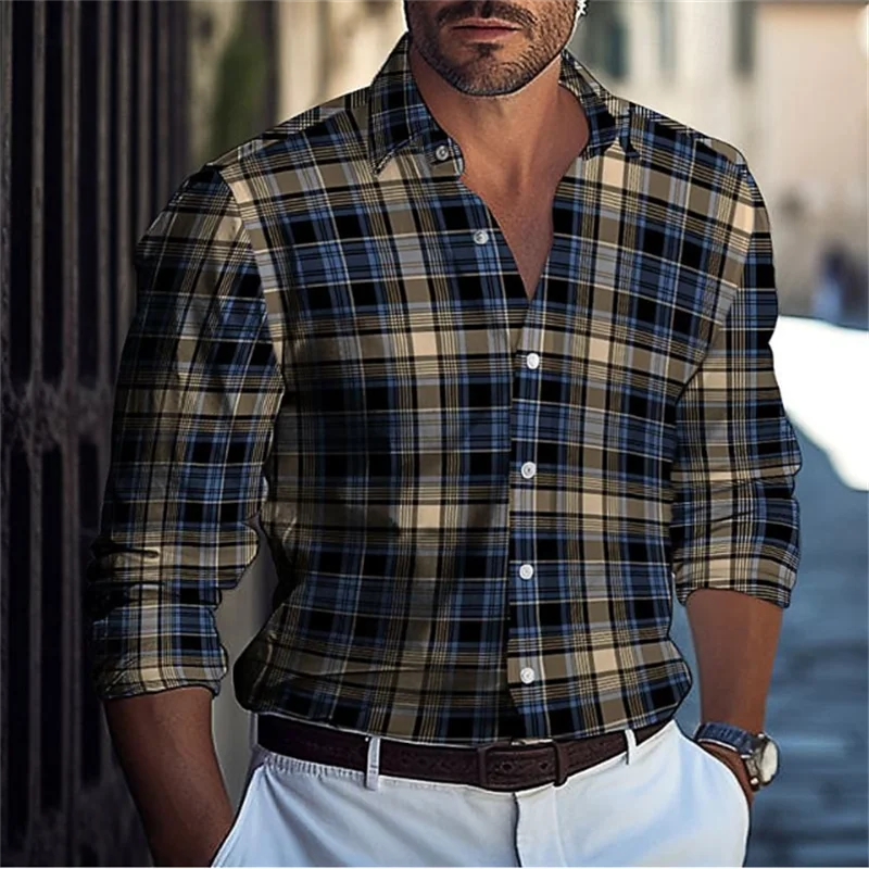 Fashionable Men's Casual Outdoor Striped Plaid Comfortable Soft Sports Party Men's Suit Button Lapel Retro Men's Top