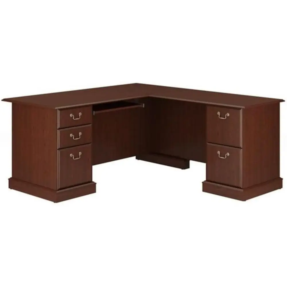 

L-Shaped Cherry Wood Executive Desk, 66 x 71.2, Double Pedestal with Storage, Keyboard Tray, Home Office