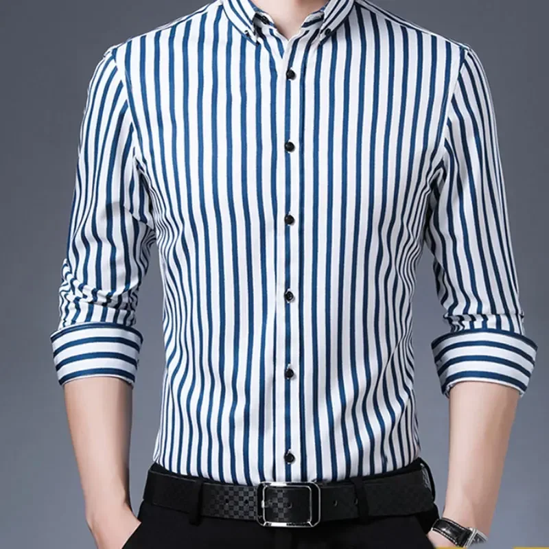 

6XL men's business solid color formal striped non-iron long-sleeved shirt social spring and autumn slimming high quality casual