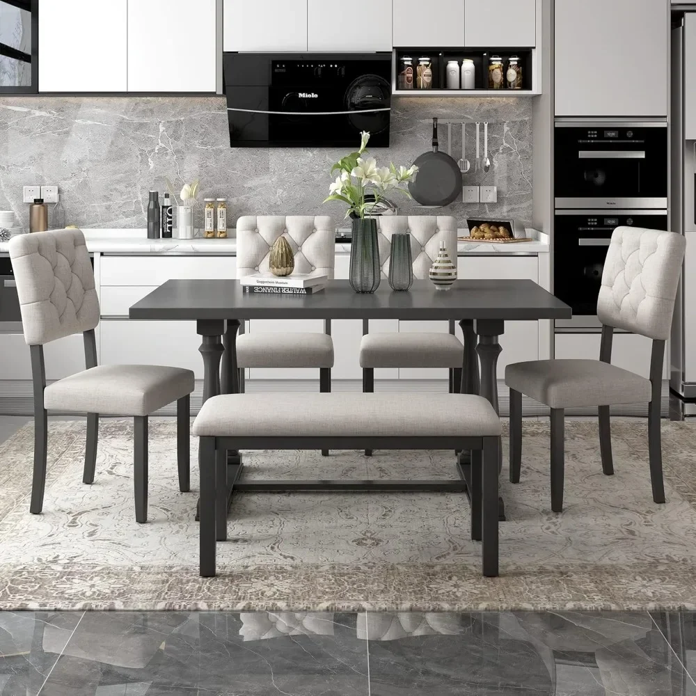 6-Piece Dining Table and Chair Set with Special-Shaped Legs and Foam-Covered Seat Backs&Cushions for Dining Room