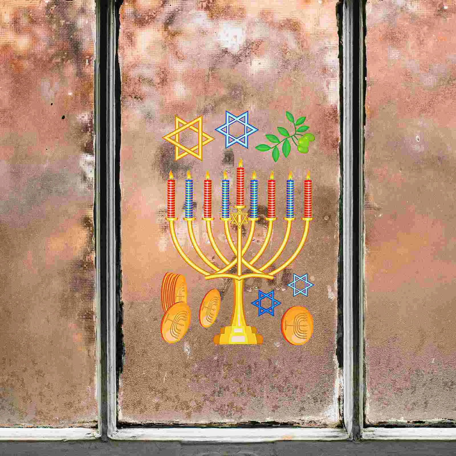 9 Sheets Hanukkah Party Window Glass Door Decoration Static Sticker Stickers Cling Candlestick DIY Decal