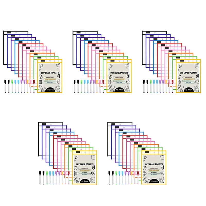 ホワイトボードポケットスリーブ、(50パック) A4用紙ジョブチケットホルダー、教室用ワークシート用再利用可能なホワイトボードシート-Y18A