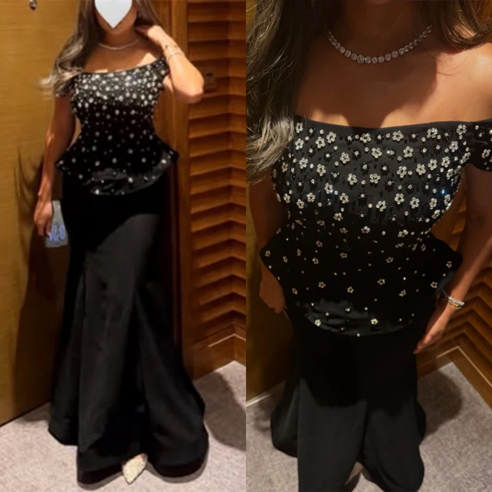 Customized Strapless Floor Length Off Shoulder Black Beaded Vestidos Para Bodas Mujer Invitada Lowime Evening Dress Ballkleider