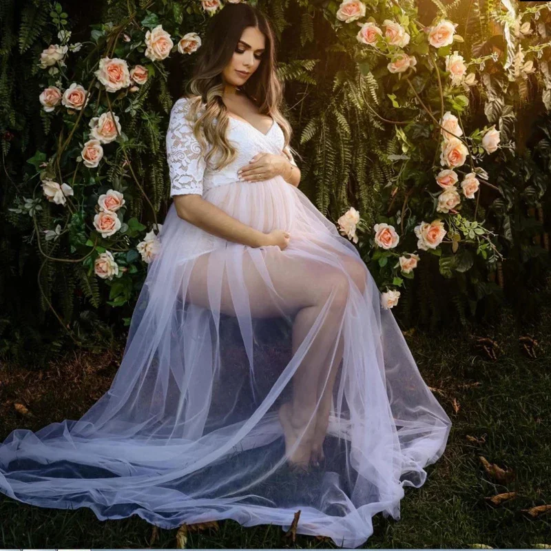 

Lace Half Sleeve Mesh Maternity Photography Dresses V-Neck Sexy Perspective Trailing Dress Simple Comfortable Pregnancy Clothing