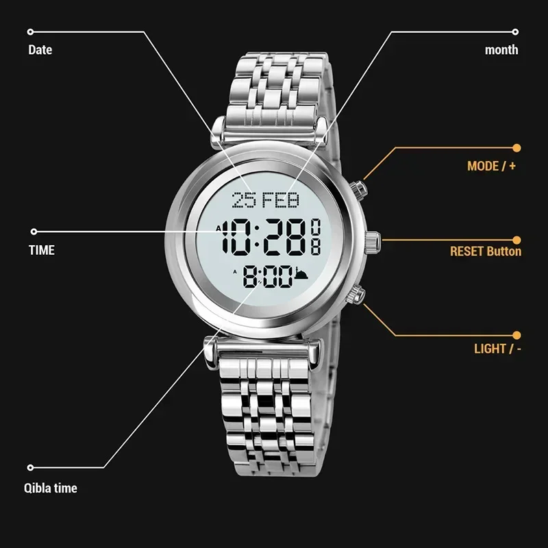 SKMEI 1892 recordatorio de tiempo de peregrinación reloj con función de dirección Qibla reloj Digital musulmán reloj deportivo con pantalla de luz Led para mujer