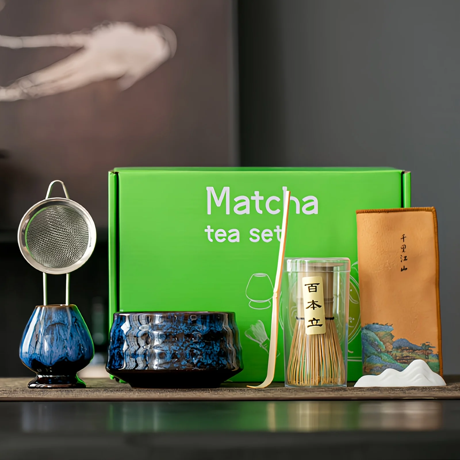 

7pcs Set of Kiln-Transformed Glaze Ceramic Matcha Bowl with Tea Spoon, Filter, and Matcha Brush For Matcha Latte Tea Ceremony