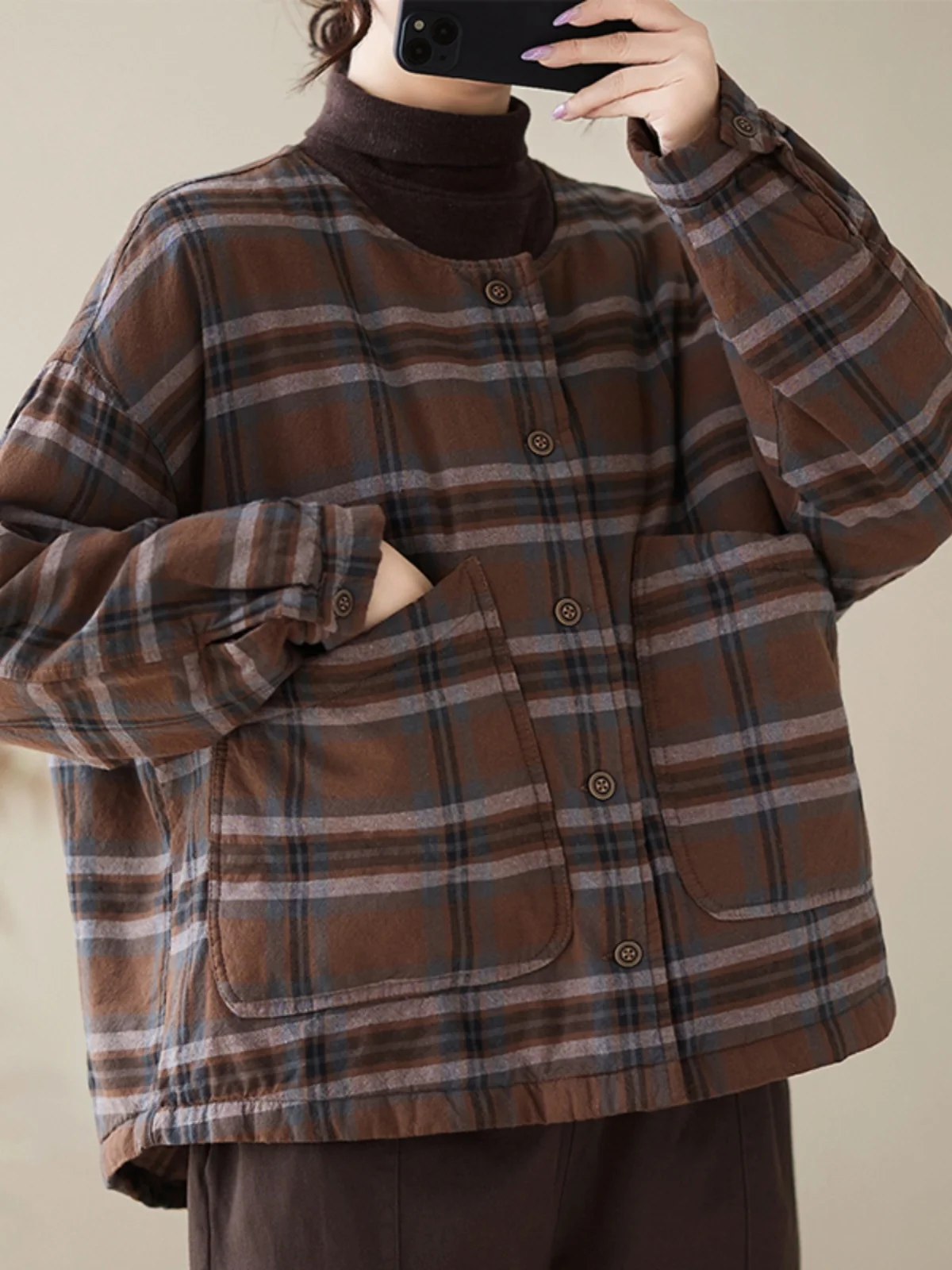 

Retro Plaid Linen Cotton Jaet Women's ort Loose round Ne Thi Warm Cotton Coat Small Cotton Padded Winter Outerwear