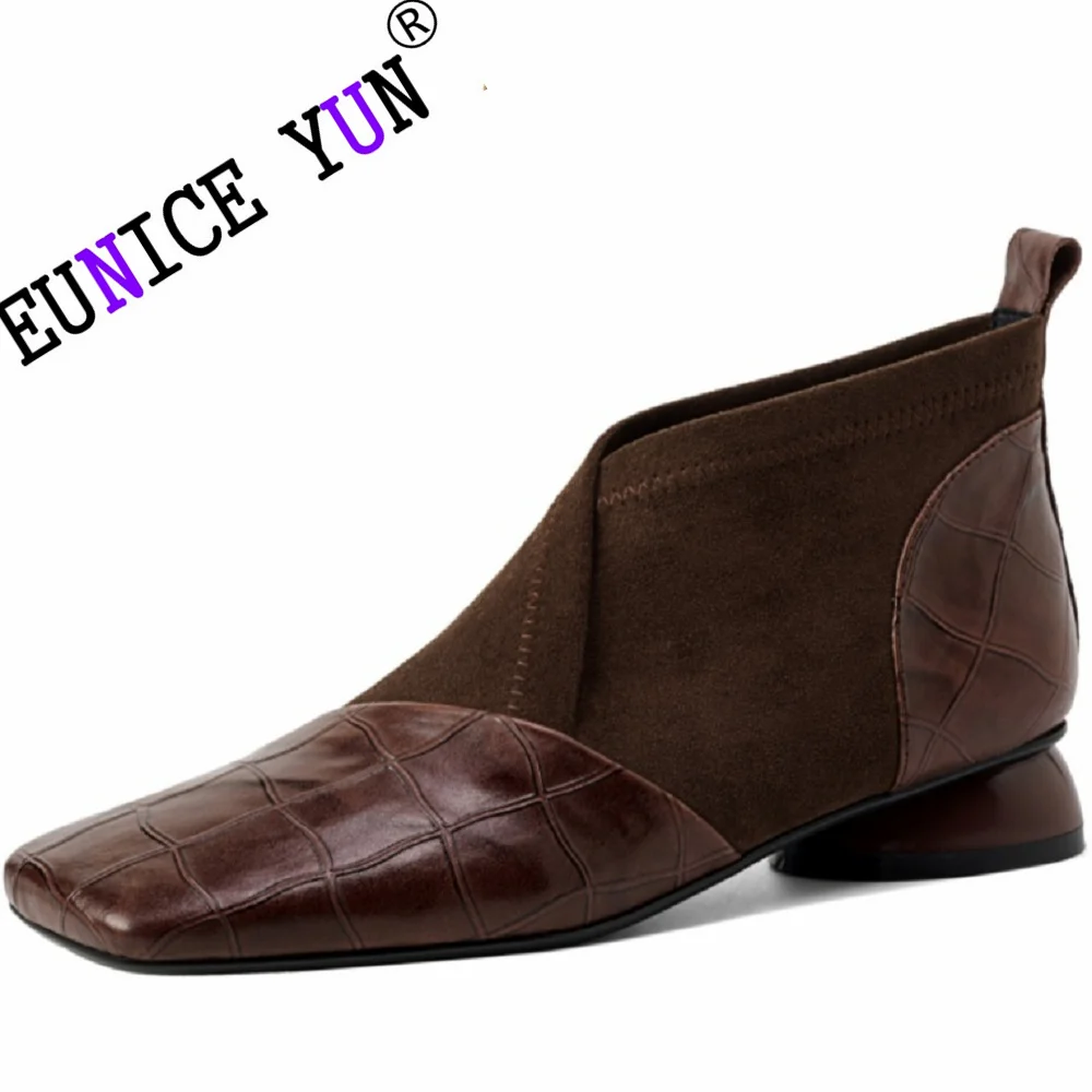 

【EUNICE YUN】Women Handmade Brand Genuine Leather Boots Chunky Heel Shoes for Concise Ankle Boots Western Boots 34-40