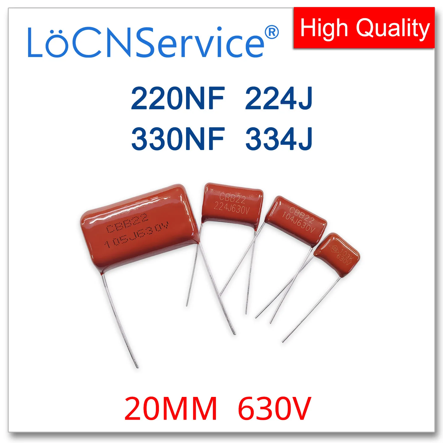 LoCNService 200PCS 630V 20MM 220NF 330NF 224J 334J CBB Polypropylene Film Capacitor High Quality