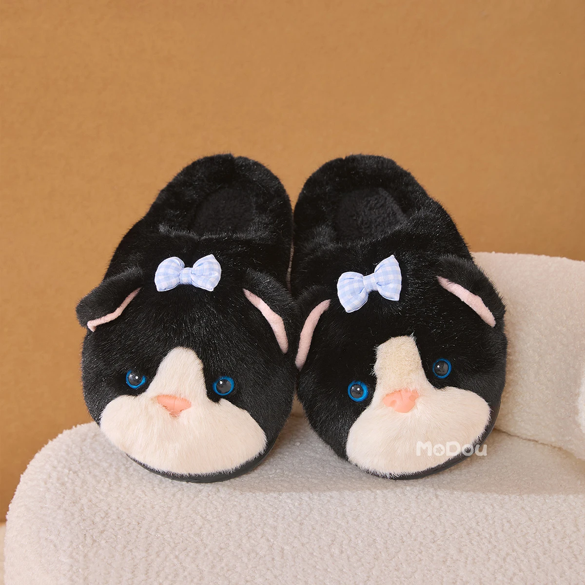 Cute Cartoon Puppy Fluffy Slippers for Women, Lovely Brown Dog with Pink Plaid Bow, Soft Fuzzy Plush Warm Indoor House Slippers,