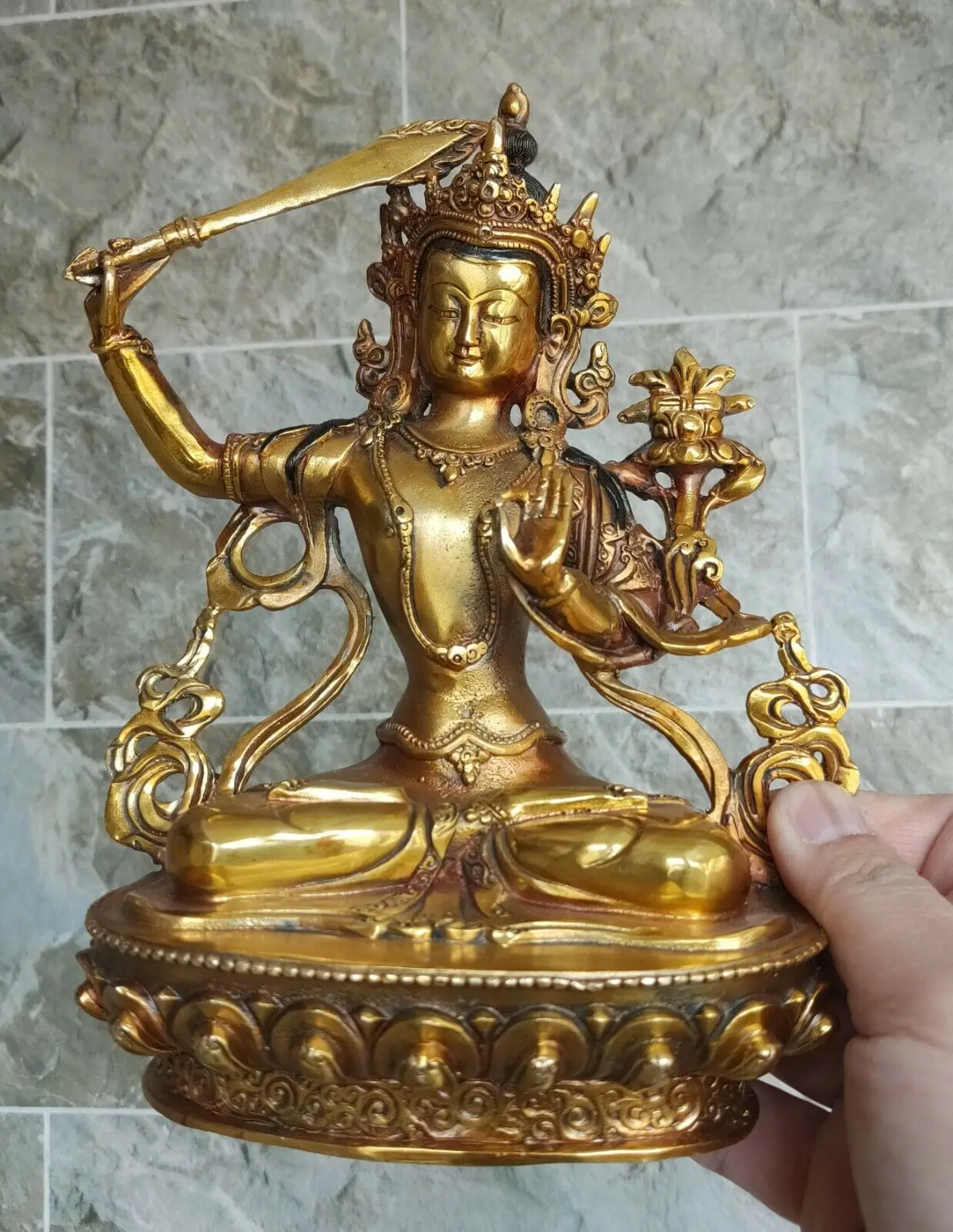 Buddhism old bronze statue Buddha Bodhisattva Manjushri Tara Auspicious mantras