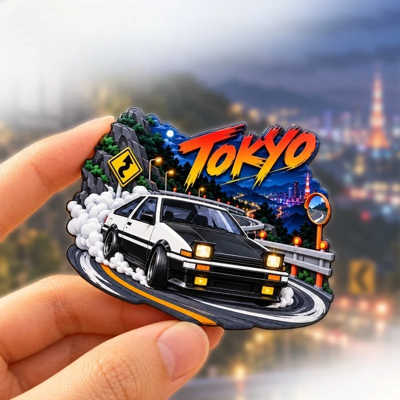 Tokyo Drift Night Fridge Magnet - Dynamic 3D Japanese Souvenir Unique Car Culture Gift for Travel & Urban Decor