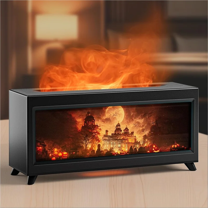AC39-Diffusore di aromi 220Ml Castello stregato Umidificatore Fiamma Camino Olio essenziale Aromaterapia per Home Office Spina europea