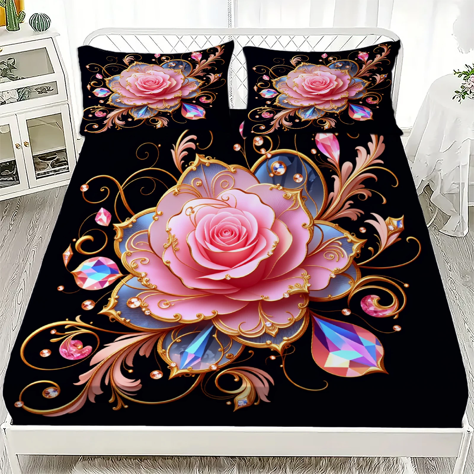

Комплект из 3-х простыней с 3D-принтом роз, розовый цветочный узор, противоскользящие, легкие в уходе, с наволочками, для декора спальни