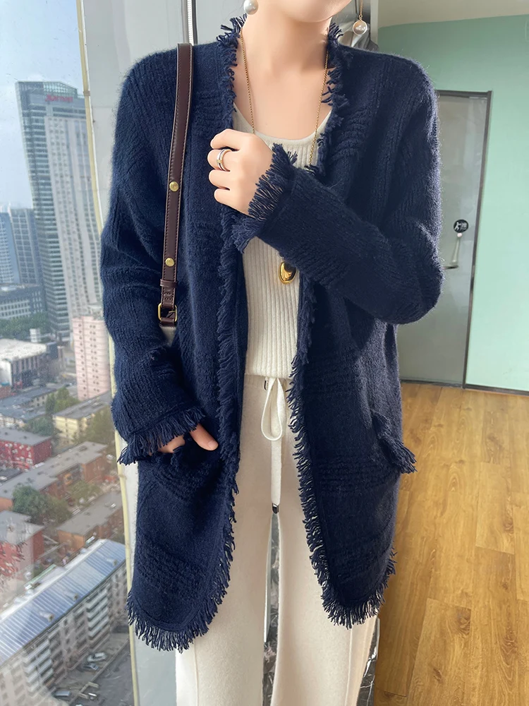 Autumn New 100% Pure Wool Cardigan Women's V-Neck Large Size Knitted Coat Fashion Loose Fringe Sweater All-Match Jacquard Jacket