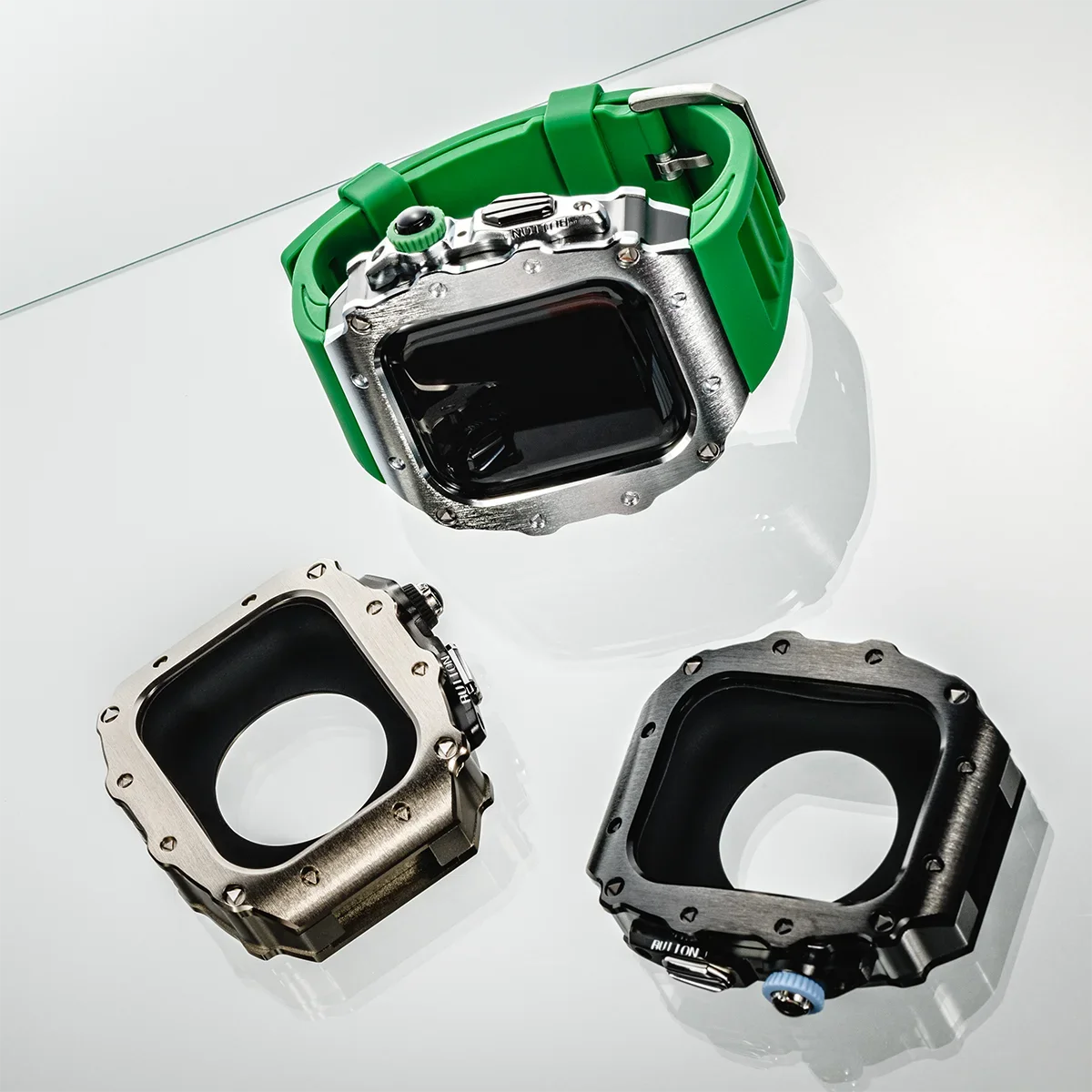 مجموعة تعديل فاخرة لساعة أبل 11 10 46/44/45 مللي متر حافظة من الفولاذ المقاوم للصدأ لسلسلة IWatch 9 8 7 6 SE مشبك دبوس من السيليكون