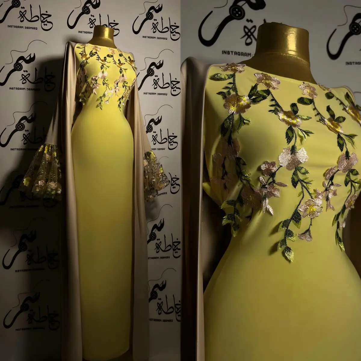 Luxury Yellow Kaftan Dress with Sheer Abaya Cape and Floral Embroidery Women Gala Evening Set Customized B262855