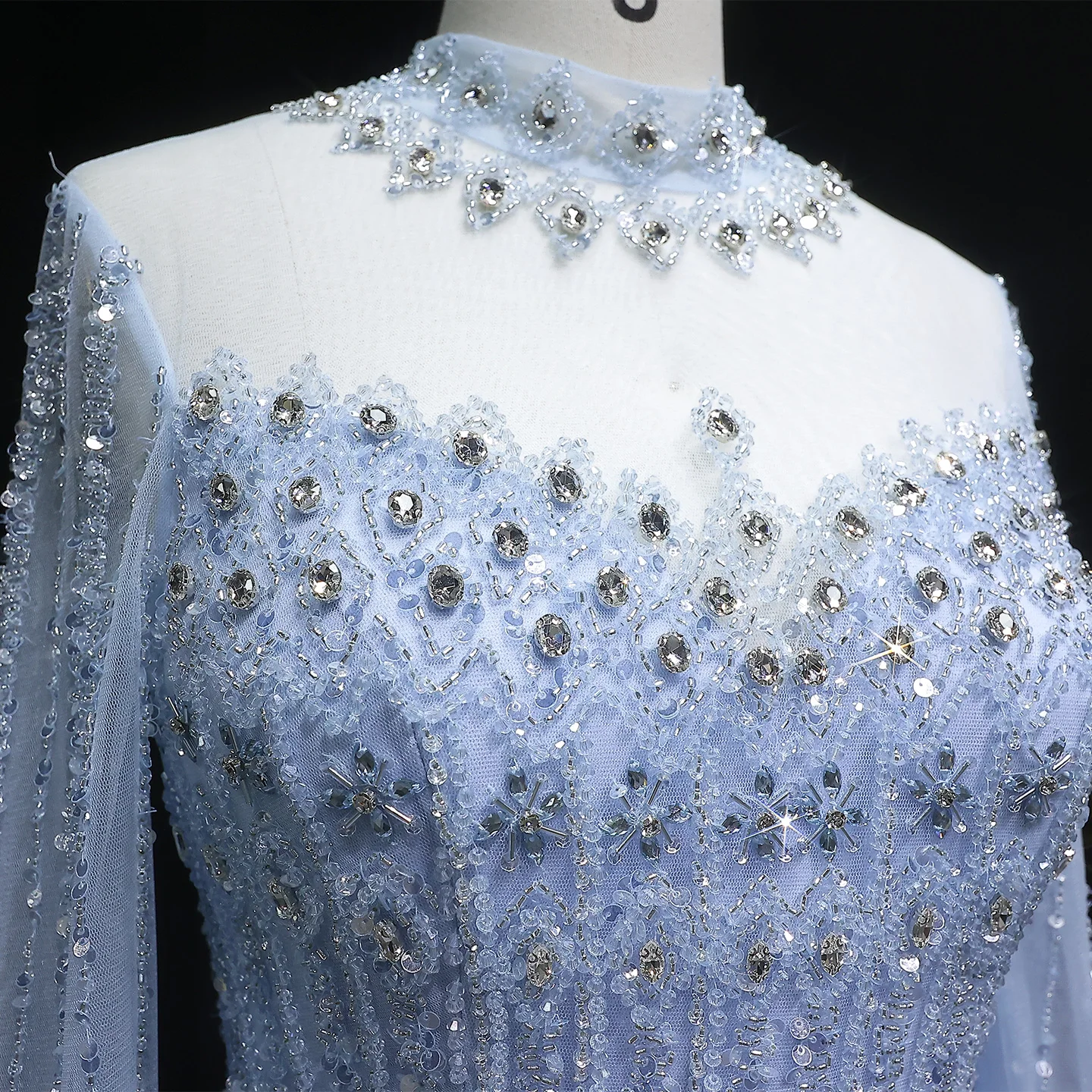 Sharon Said Luxuriöses Blaues Tüll-Abendkleid mit Cape-Ärmeln, Kristall-Pailletten, Damen-Hochzeitskleid, Partykleid, Ballkleid SS150, Maßanfertigung – Detail 8