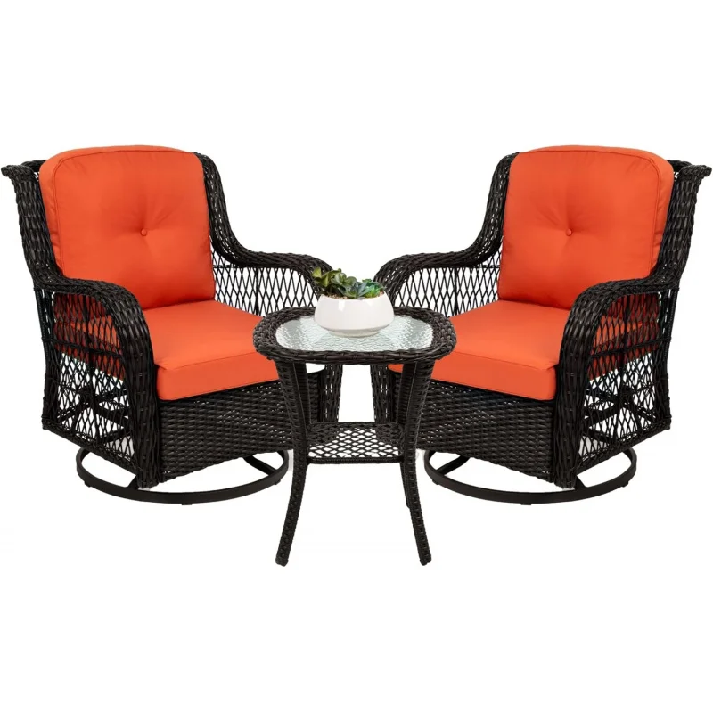 

3-Piece Wicker Patio Bistro Set – 2 Swivel Rocking Chairs & Tempered Glass Side Table, 360° Outdoor