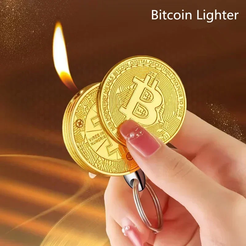 NEWCreative Fun Bitcoin Butane Gas Lighter Stock Commemorative Coin Virtual Coin Pendant Mini Portable Lighters Smoking Men's Gi