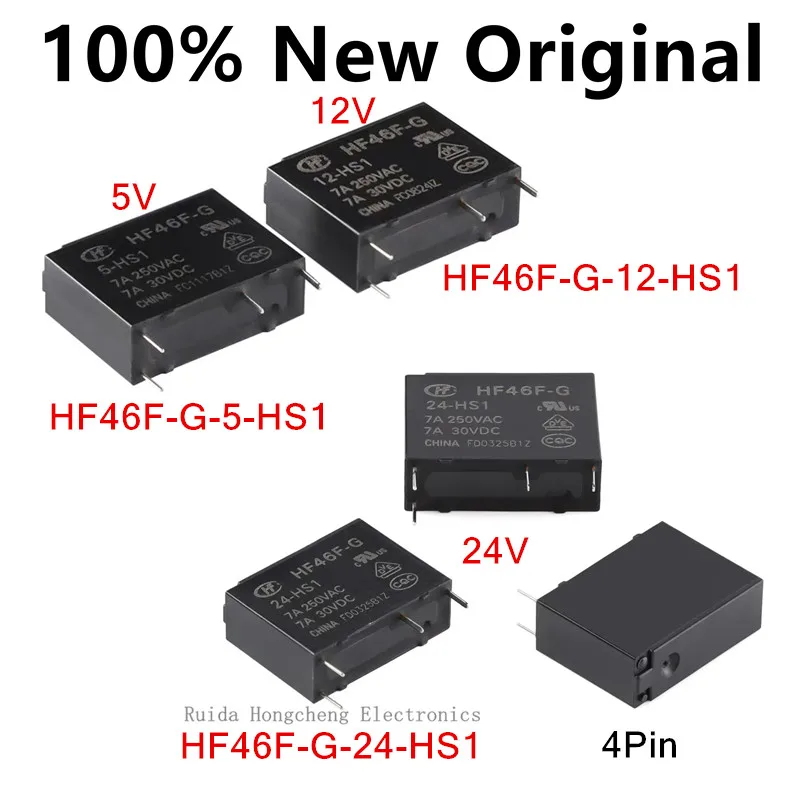 10Pcs Power Relay HF46F-G 5V 12V 24VDC 12-HS1 24-HS1 7A 250VAC 30VDC 4Pin Relays HF46F-G-5-HS1 HF46F-G/12-HS1 HF46F-G/24-HS1