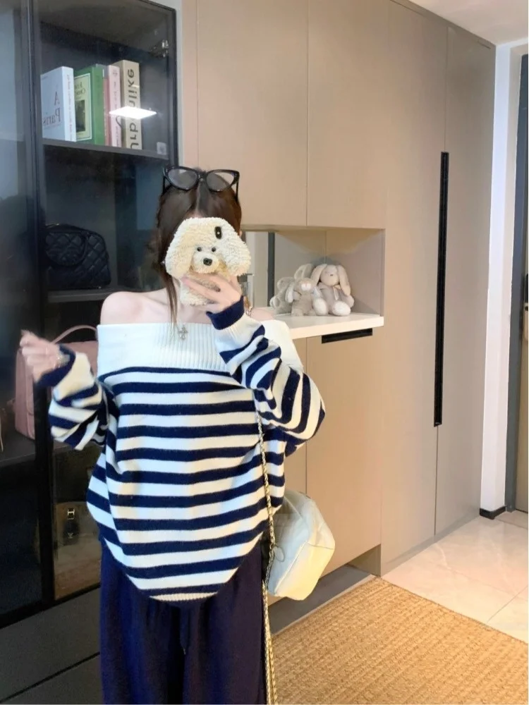 مخطط واحد يكتشف كسول طويل Sve محبوك سترة المرأة فضفاضة Faionable الخريف جديد Sle تخفيف فضفاضة تناسب تريكو