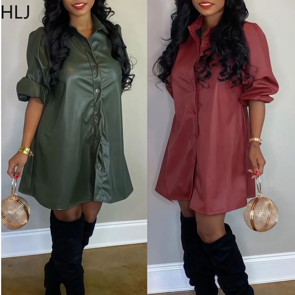 

HLJ Fashion Leather Patchwork Bodycon Dresses Women Solid Color Long Sleeves Single Breasted Dress Female Streetwear Vestidos