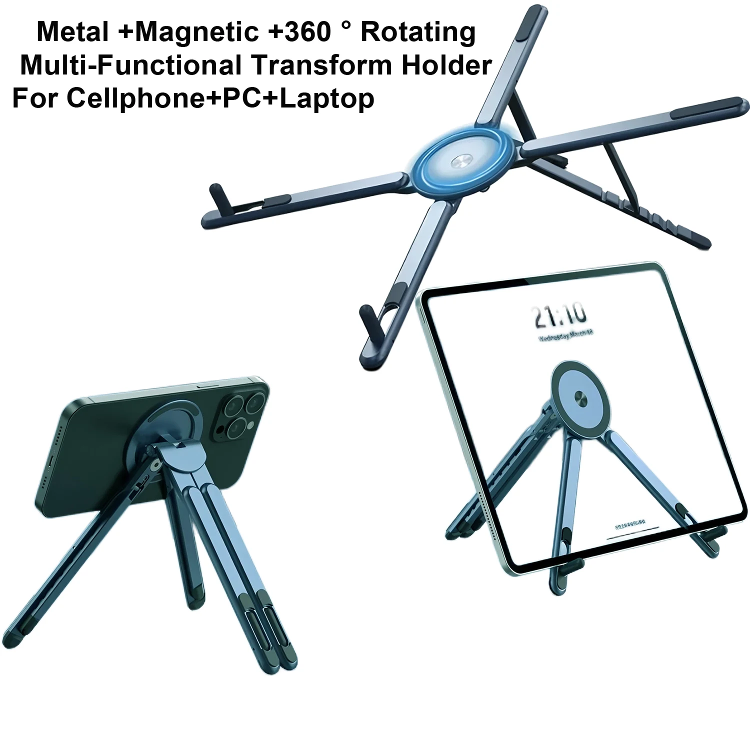 Portable Magnetic Phone Holder & Selfie Stick 3-in-1 Foldable Tripod Stand for iPhone iPad Tablet Laptop Desktop Use