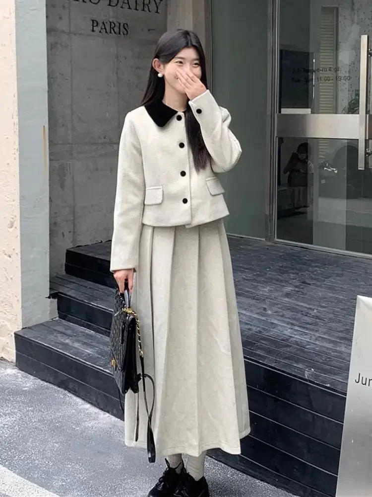 Insozkdg Autumn Winter New Elegant Long Sleeve Lapel Coat + Mid-Length Skirt Women’s Chic Woolen Two-Piece Set Trend Hot Sale